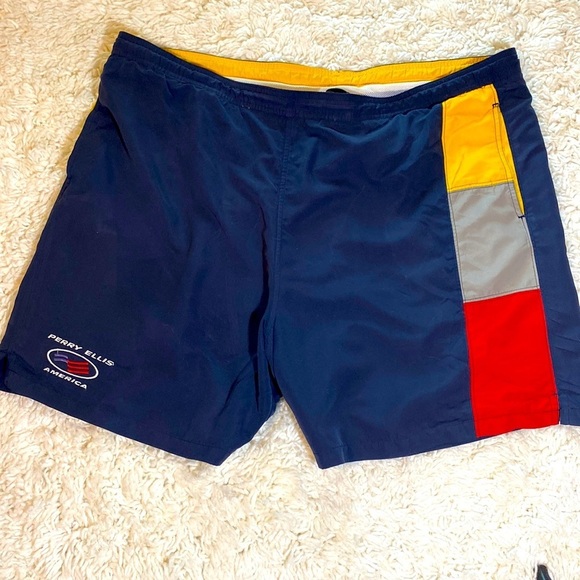 Perry Ellis Other - PERRY ELLIS AMERICA XXL DRAWSTRING SWIM TRUNKS NAVY BLUE YELLOW RED TAN…